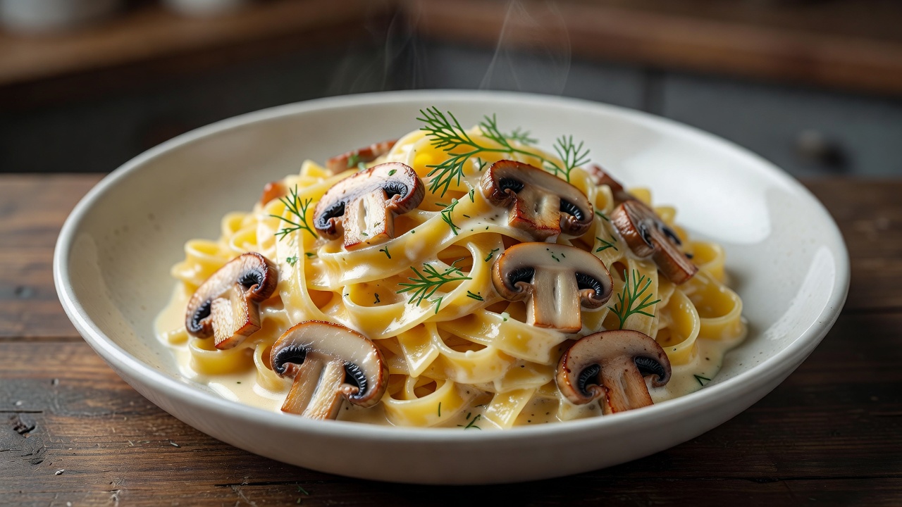 Golden-brown mushroom slices coating tagliatelle in a light cream sauce with dill