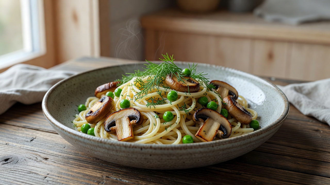 Cooked wheat noodles with browned mushrooms, peas and chopped dill in a shallow bowl