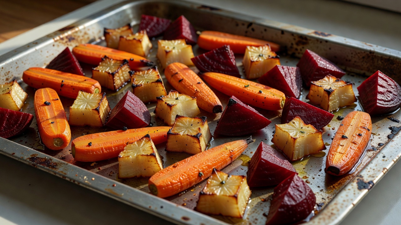 Roasted carrot, celeriac and beetroot pieces with browned edges on a baking tray