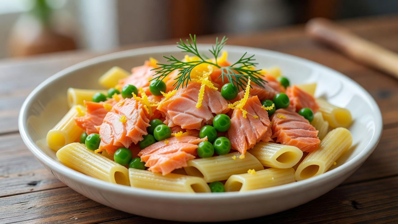 Short pasta with large flakes of cooked salmon, green peas, lemon zest and dill